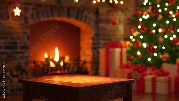 Fototapeta Cozy Christmas Fireplace and Christmas Tree Scene A Festive Holiday Tabletop Display