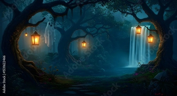 Fototapeta Dark Fantasy Halloween Forest with Glowing Lanterns and Photorealistic Waterfall Oasis

