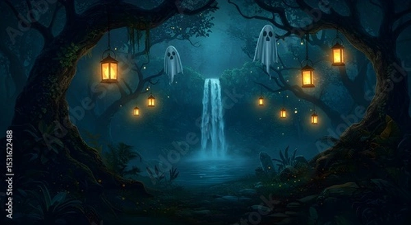 Fototapeta Dark Fantasy Halloween Forest with Glowing Lanterns and Photorealistic Waterfall Oasis

