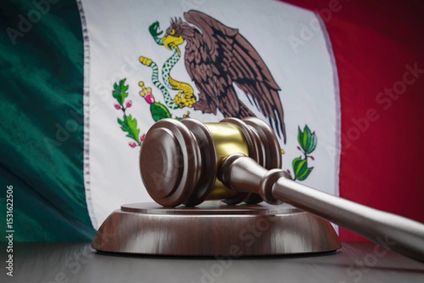 Fototapeta Wooden Gavel Resting on Table In Front of Mexican Flag.