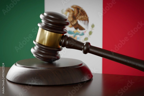 Fototapeta Wooden Gavel Resting on Table In Front of Mexican Flag.