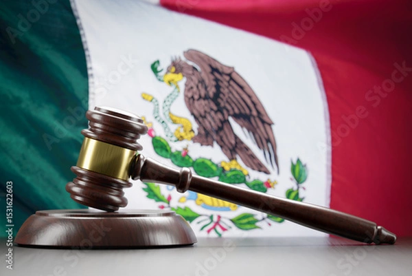 Fototapeta Wooden Gavel Resting on Table In Front of Mexican Flag.