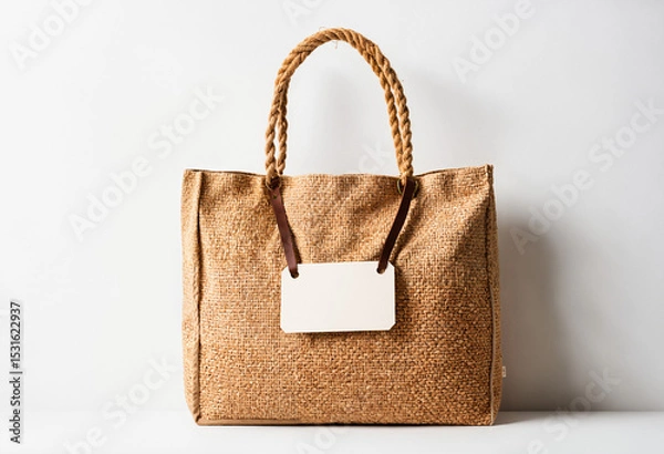 Fototapeta  eco-friendly woven tote bag with blank label on minimalist background