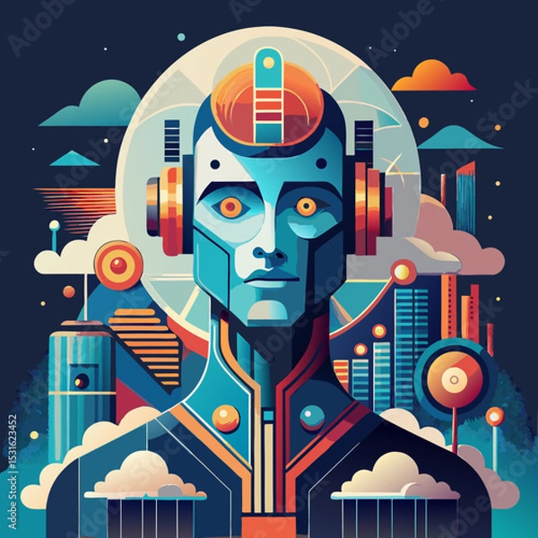 Fototapeta Stylized robot figure with intricate details of electronic components, set against a backdrop that suggests a futuristic city.