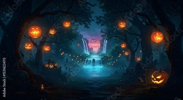 Fototapeta Halloween Night in Spooky Forest with Glowing Lanterns and Vibrant Waterfall Oasis

