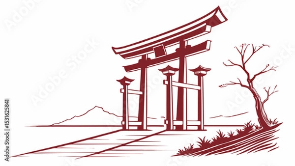 Obraz Stylized Japanese Torii Gate with Landscape and Tree Illustration