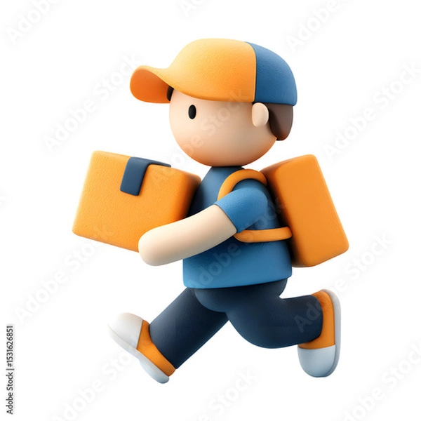 Fototapeta 3D Cartoon Delivery Man Running with Package on transparent background for Service Concept