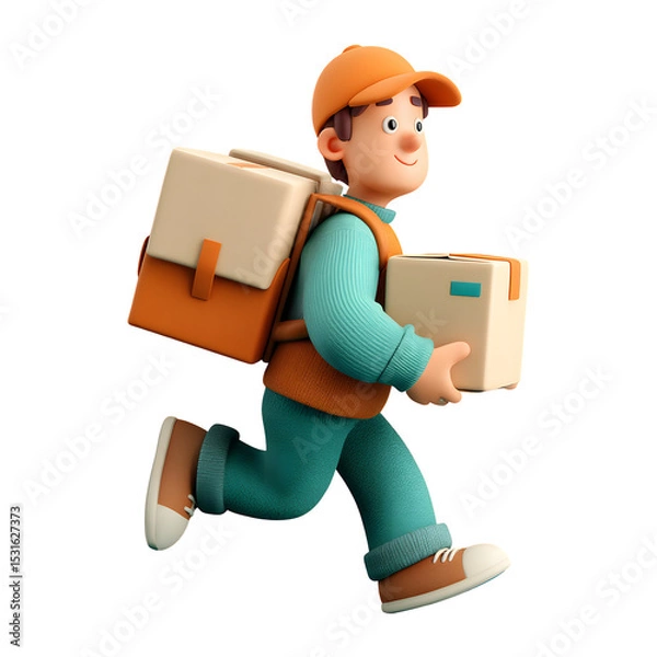 Fototapeta Cheerful cartoon courier delivers packages quickly with a friendly expression