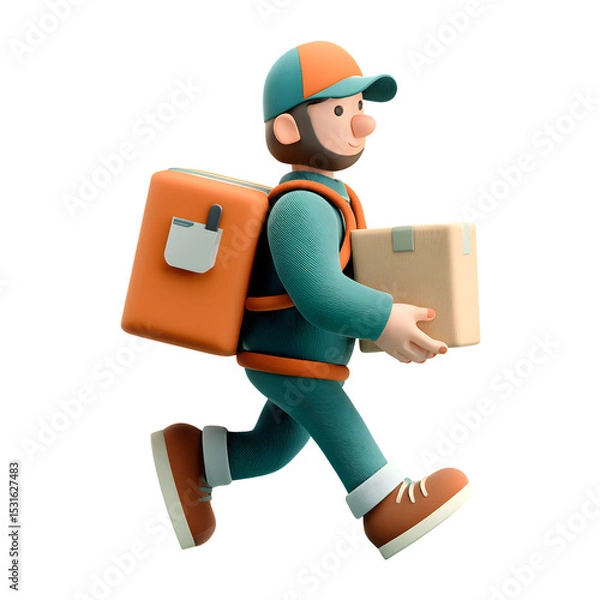 Fototapeta Cartoon Delivery Boy Rushing with Packages: A 3D Rendered Isolated Image on Black