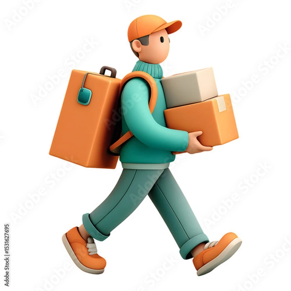 Fototapeta 3D Delivery Man Walking with Packages for E-Commerce on a transparent background