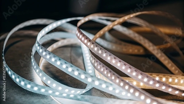 Fototapeta Close up shot of two led light strips one white and one warm light coiled on a dark surface view