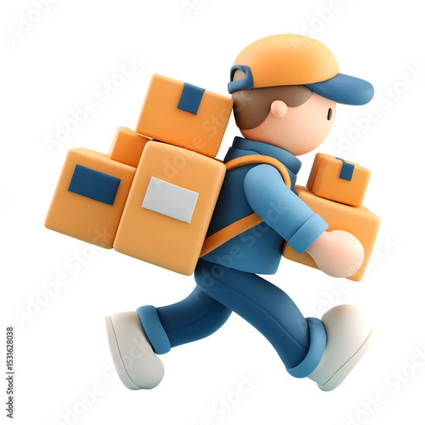 Fototapeta 3D Cartoon Delivery Guy Sprinting with Multiple Packages Against transparent background