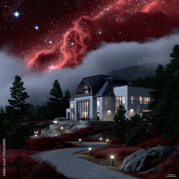 Fototapeta Cosmic mansion nestled in a misty forest under a vibrant red nebula