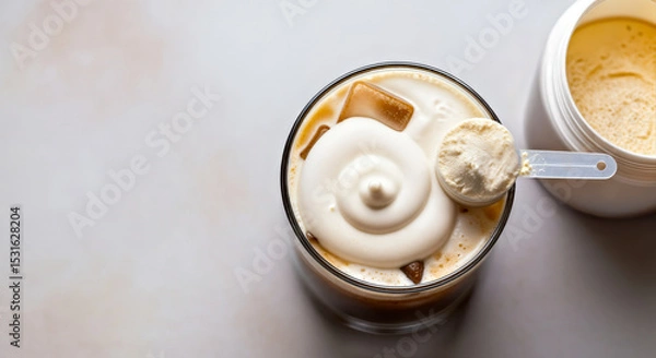 Fototapeta Top Down View of Iced Coffee with Cold Foam Topping, Protein Powder Scoop and Opened Jar in Corner of Frame Standing on Neutral Soft Colors Surface 