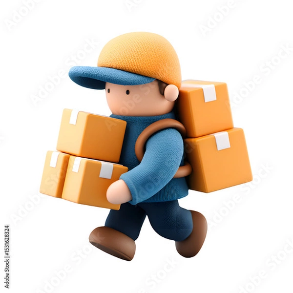 Fototapeta Cartoon Delivery Man Carrying Stacked Boxes on transparent background for E-Commerce Service