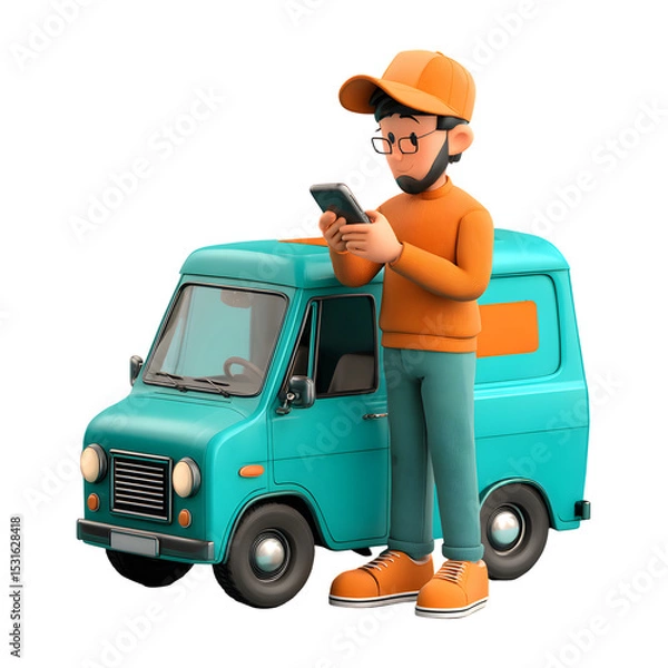 Fototapeta 3D Delivery Driver Using Phone with Van Isolated on transparent background Illustration