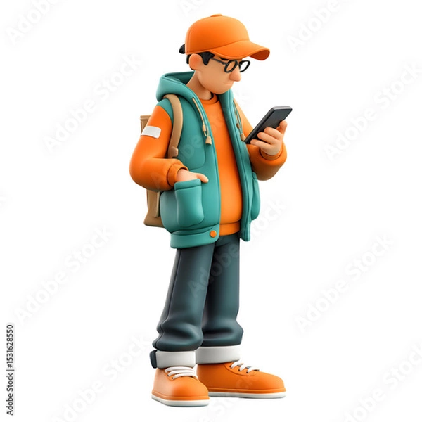 Fototapeta 3d illustration of a young man using a smartphone against a transparent background