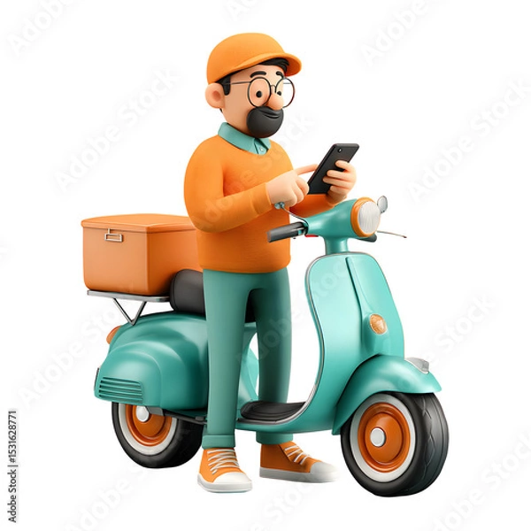 Fototapeta 3D cartoon delivery man using smartphone on scooter against a transparent background