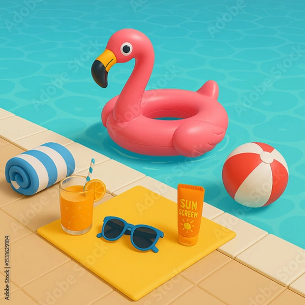 Fototapeta Inflatable flamingo pool float with summer accessories by the water  