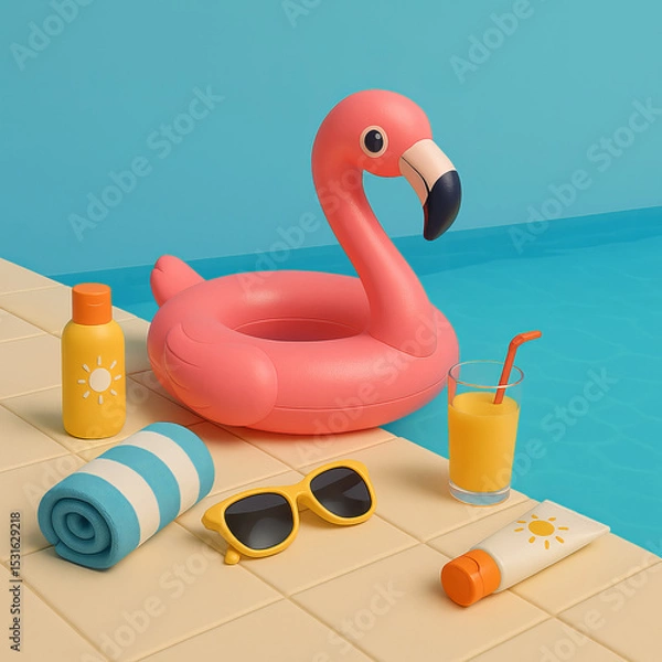Fototapeta Inflatable pink flamingo float by swimming pool with summer accessories  