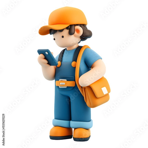 Fototapeta 3D Cartoon Character Using a Phone, Delivering Package or Sending a Message