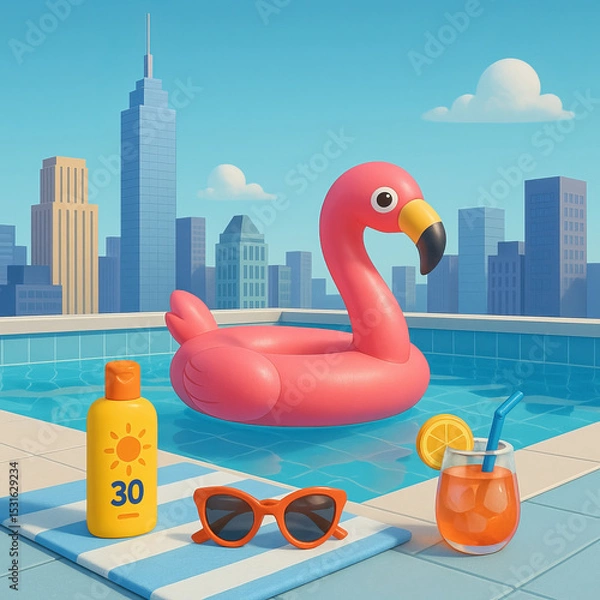 Fototapeta Inflatable flamingo in swimming pool with sunglasses and sunscreen  