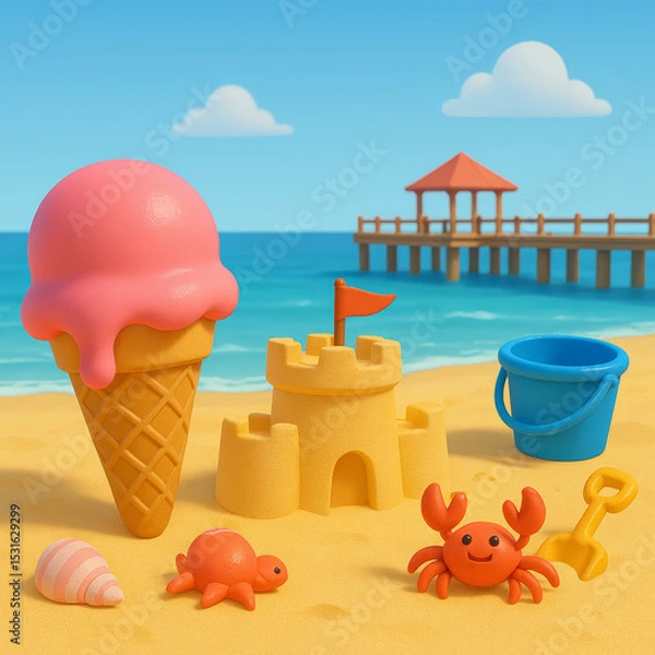 Fototapeta Colorful beach scene with ice cream, sandcastle, and sea creatures  