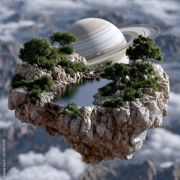 Fototapeta Floating island with trees, a pool, and ringed planet above clouds