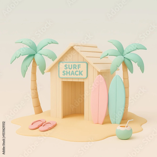 Fototapeta Colorful surf shack with palm trees and surfboards on sandy beach  