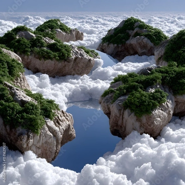 Fototapeta Floating islands, lush vegetation, and clear water, nestled amidst fluffy white clouds against a bright blue sky