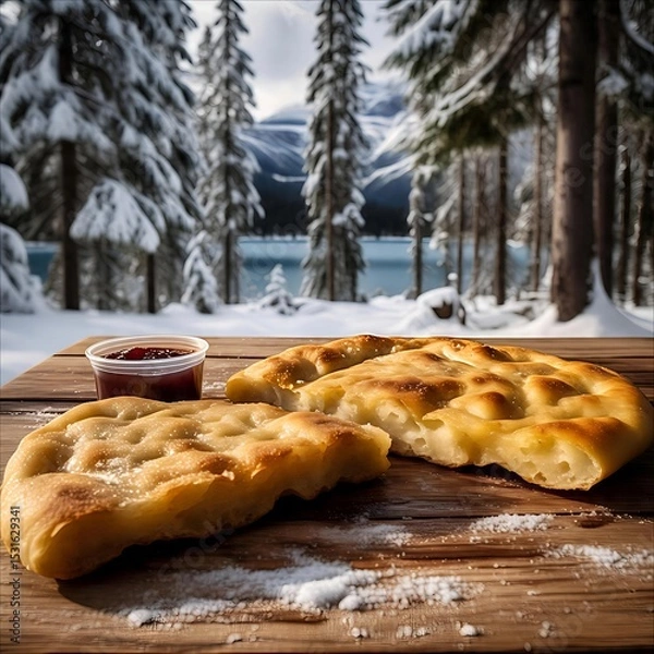 Obraz Winter Bannock Bliss. Freshly baked bannock with jam, enjoyed against a stunning snowy Canadian landscape. Perfect for winter travel and food blogs.