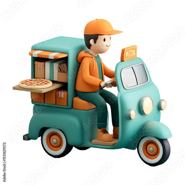 Fototapeta Cartoon delivery driver on scooter delivering pizza with box on transparent background