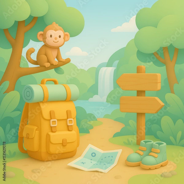 Fototapeta Cartoon monkey sitting on tree with hiking gear by waterfall