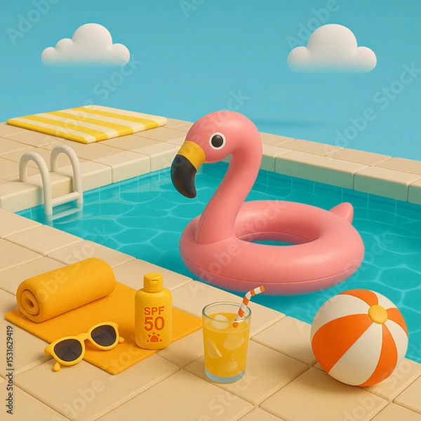 Fototapeta Inflatable pink flamingo pool float beside colorful beach accessories  