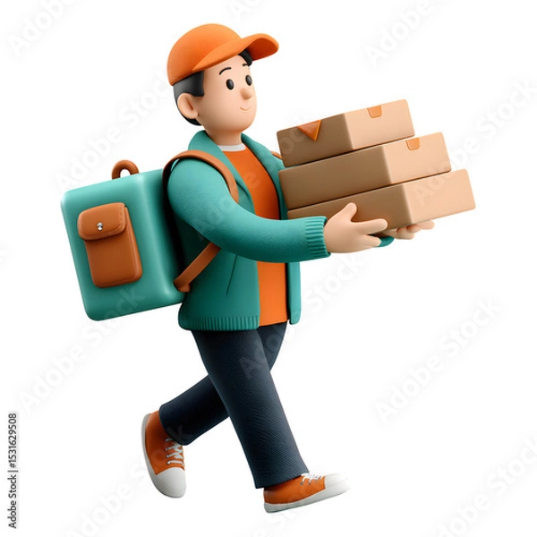 Fototapeta 3D Cartoon Delivery Man Walking with Stacked Boxes on transparent background