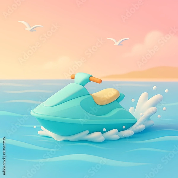 Fototapeta Animated jet ski riding on waves during sunset on the ocean  