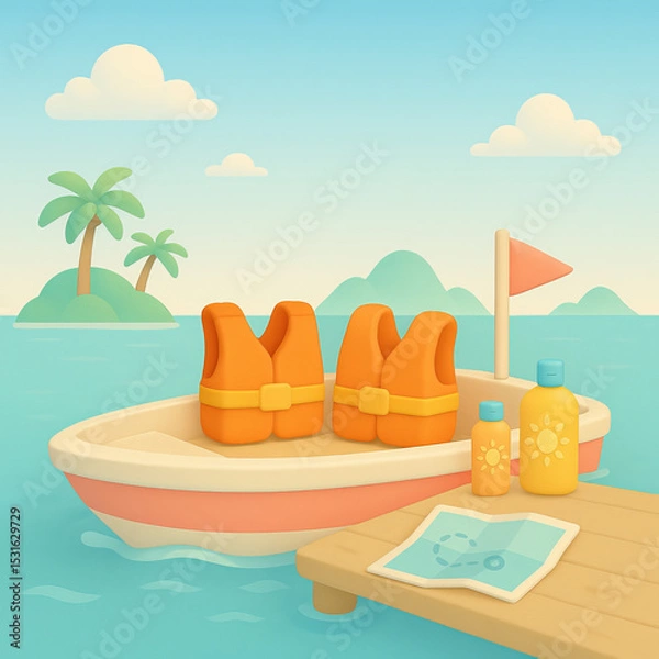 Fototapeta Colorful boat with life jackets and sunscreen on a sunny day  