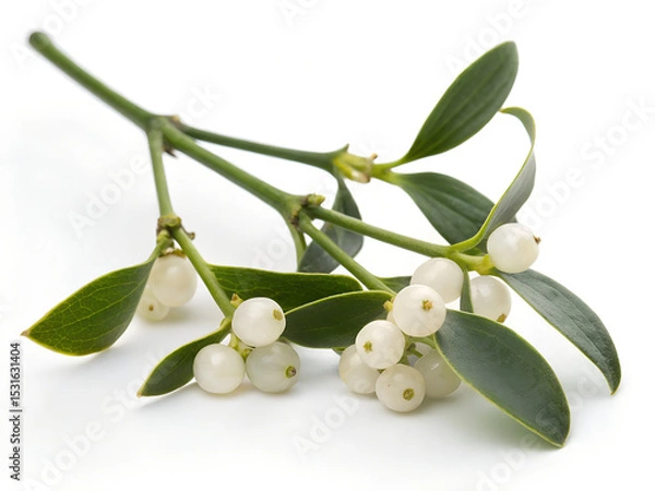 Fototapeta Mistletoe sprig with white berries and green leaves isolated on white background
