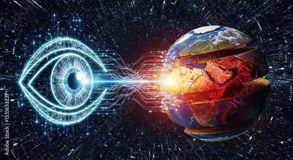 Fototapeta Digital Eye Observing a Cracked Earth Globe Symbolizing Global Monitoring Environmental Crisis and AI Surveillance