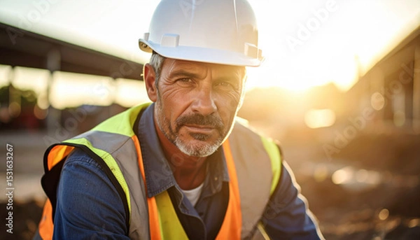 Obraz Construction worker wearing hard hat and safety vest looks directly camera, showcasing serious expression as he focuses his task. warm sunlight creates dramatic backdrop, highlighting his