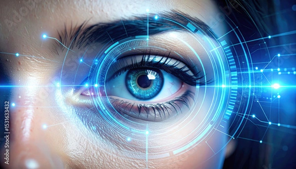 Fototapeta Crystal clear face adorned with glowing holographic interface, showcasing high fidelity visual experience that captivates viewer