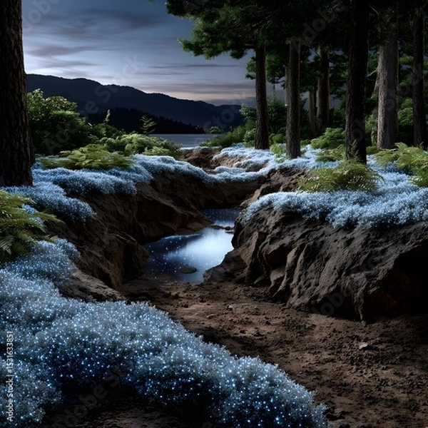 Fototapeta Misty forest path by a lake at twilight