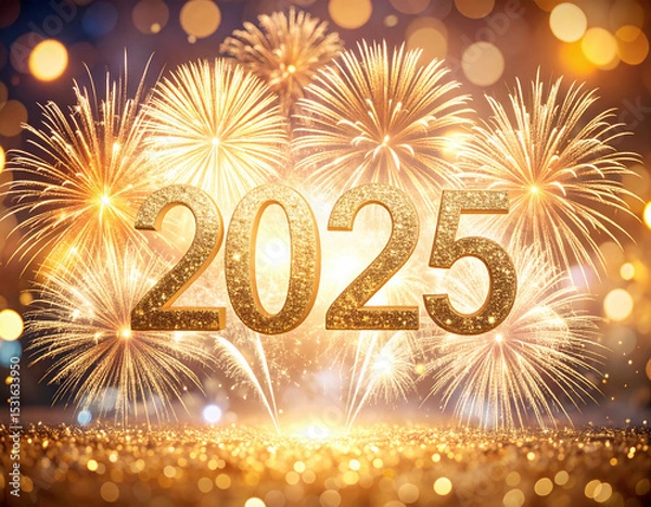 Fototapeta Golden fireworks illuminate night sky, celebrating arrival of 2025 with dazzling display of light and joy
