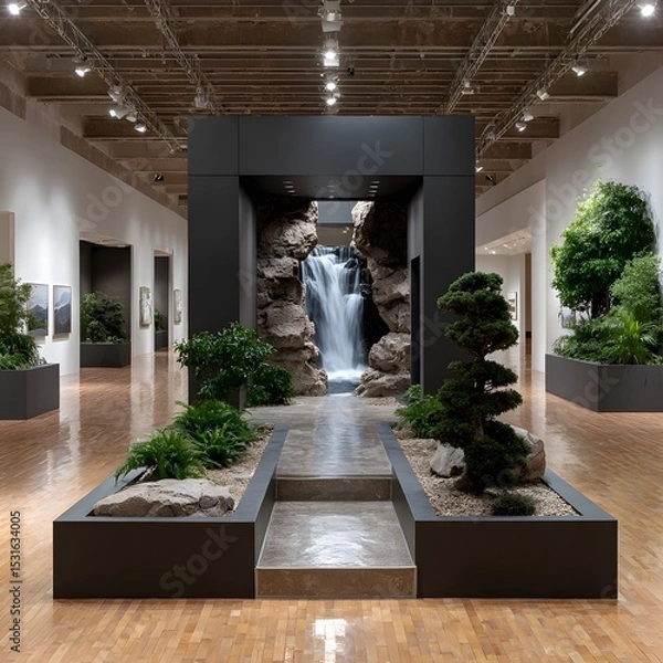 Fototapeta Modern art exhibit featuring a miniature waterfall and rock garden display