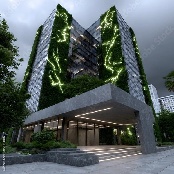 Fototapeta Modern, green-walled skyscraper at dusk
