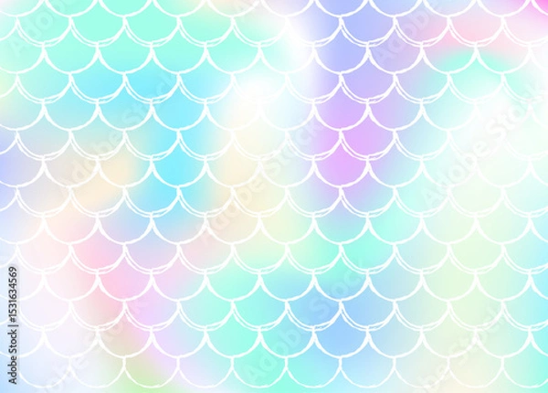 Fototapeta Holographic mermaid background with gradient scales. Bright color transitions. Fish tail banner and invitation. Underwater and sea pattern for girlie party. Futuristic back with holographic mermaid.