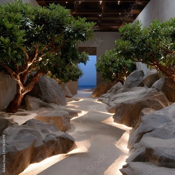 Fototapeta Modern zen garden path, rocks, trees