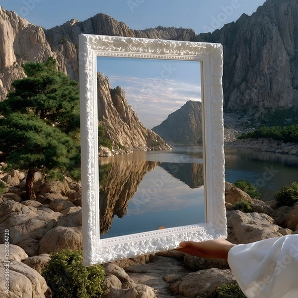 Fototapeta Mountain lake reflected in ornate white frame