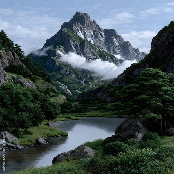 Fototapeta Mountain valley with a serene lake. Lush green foliage surrounds a calm river leading to a tranquil lake nestled beneath a majestic peak