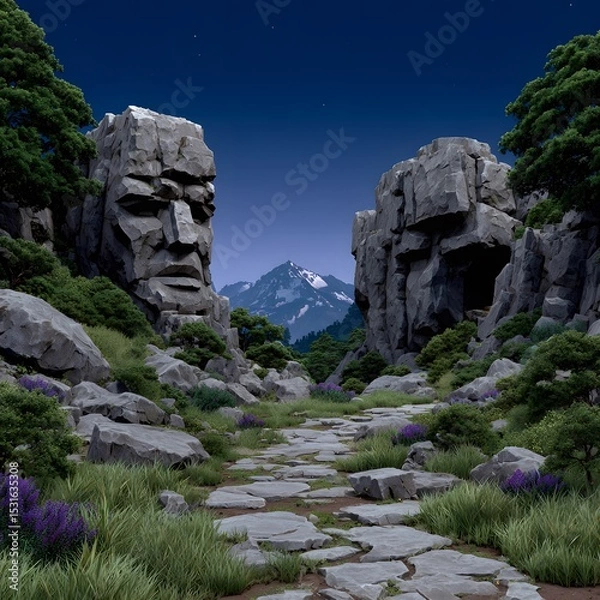 Fototapeta Nighttime mountain path flanked by sculpted rock faces